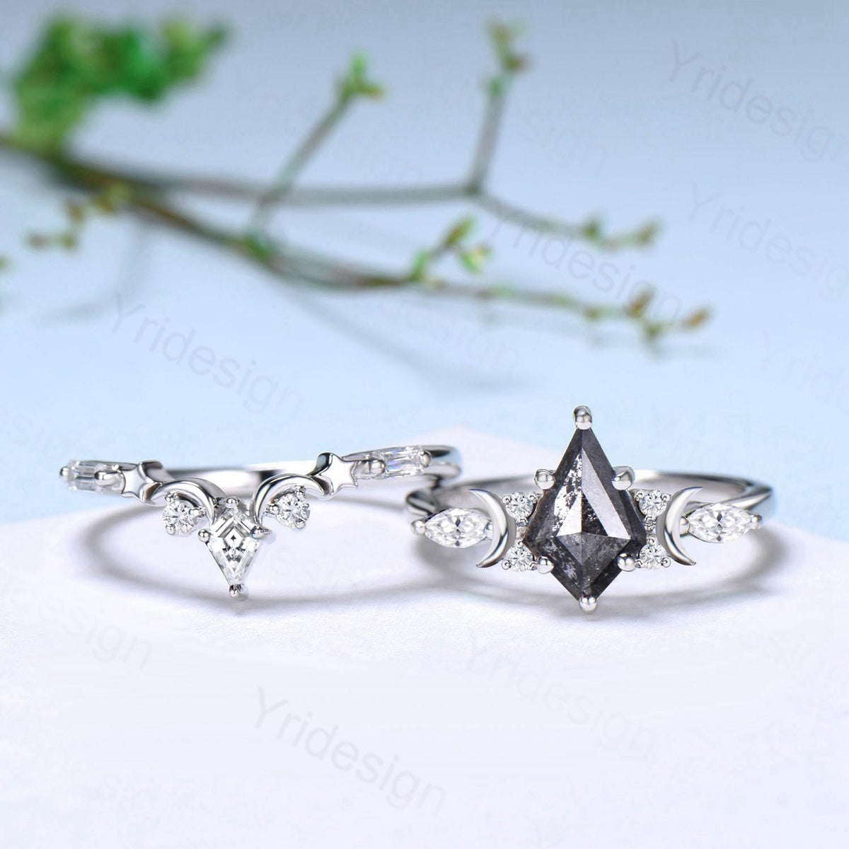 Vintage kite cut salt and pepper diamond engagement ring set Moons and star black gold diamond ring gothic bridal wedding set handmade gifts
