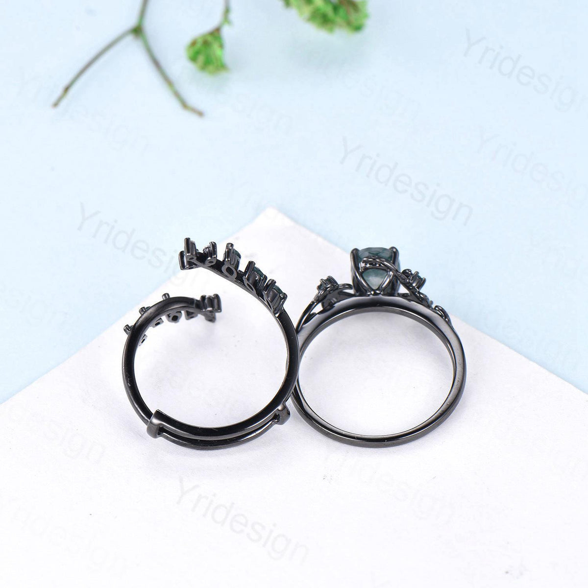 Nature Inspired Lavender Amethyst Engagement ring set black gold unique leaf vine marquise moss agate ring gothic 2pcs bridal wedding set