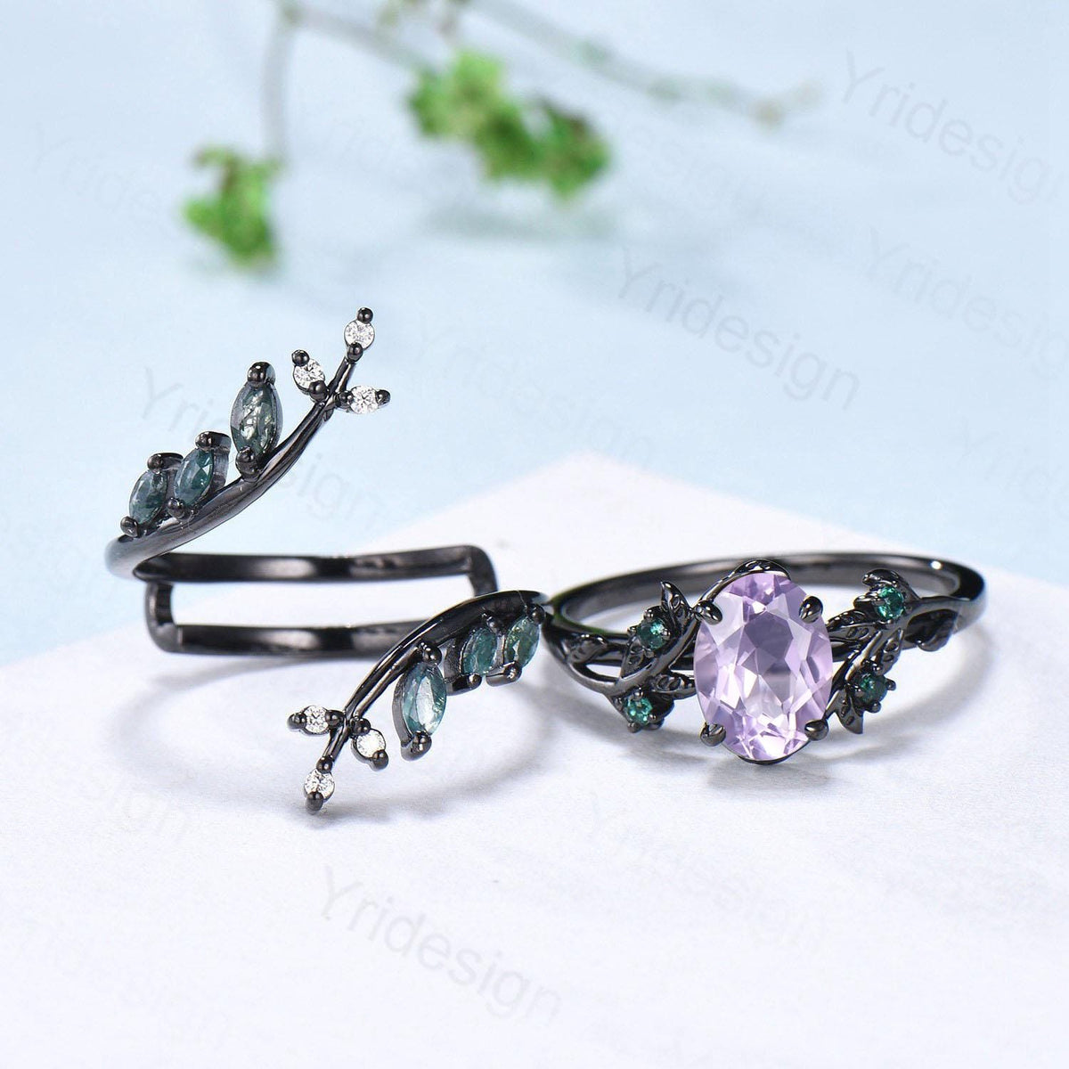 Nature Inspired Lavender Amethyst Engagement ring set black gold unique leaf vine marquise moss agate ring gothic 2pcs bridal wedding set