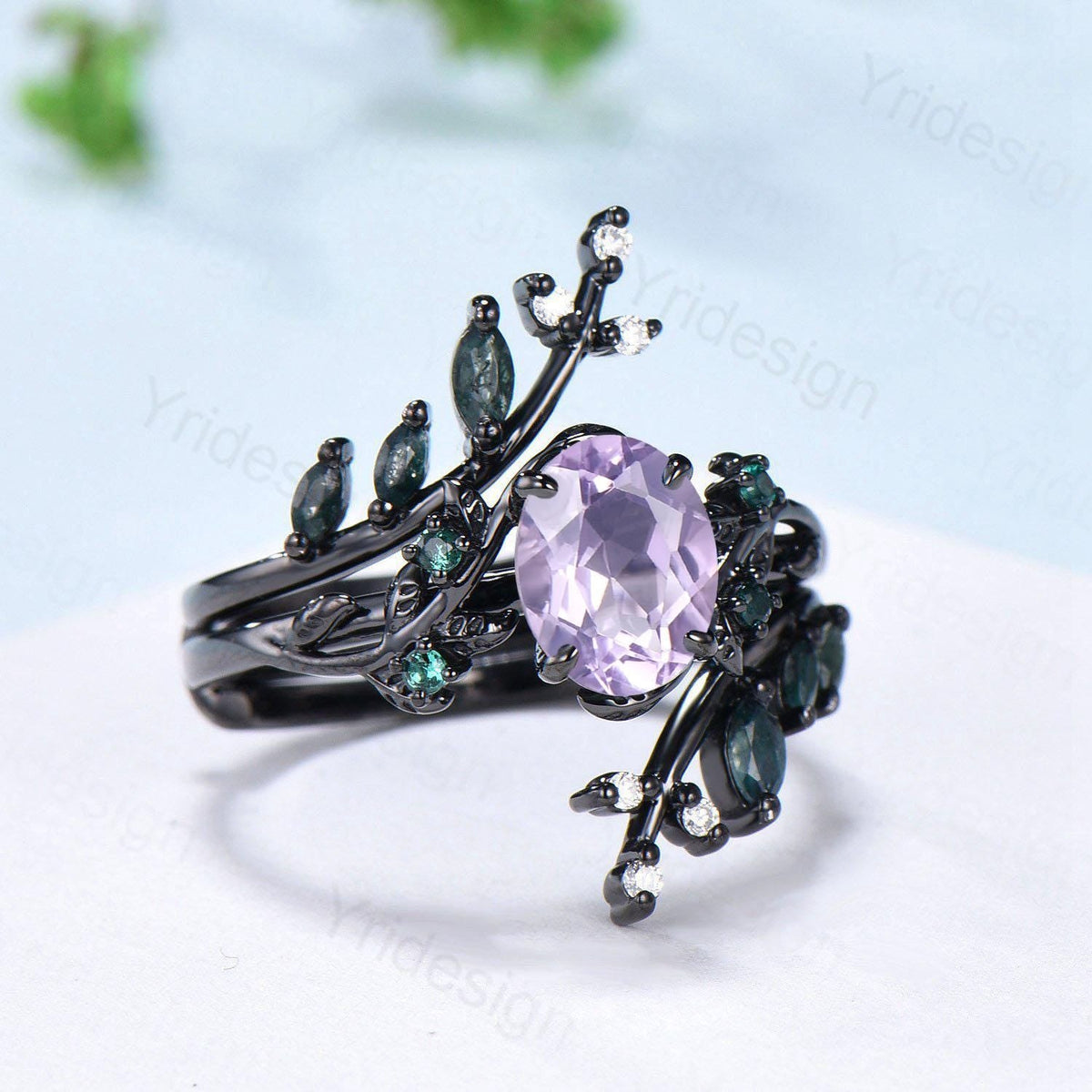 Nature Inspired Lavender Amethyst Engagement ring set black gold unique leaf vine marquise moss agate ring gothic 2pcs bridal wedding set