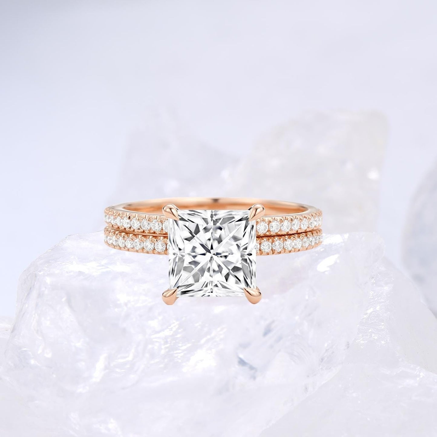 Vintage Princess Cut Lab Grown Diamond Wedding Ring Set IGI Certificate Hidden Halo Bridal Ring Set 14k Rose Gold 2pcs Bridal Ring Set Women