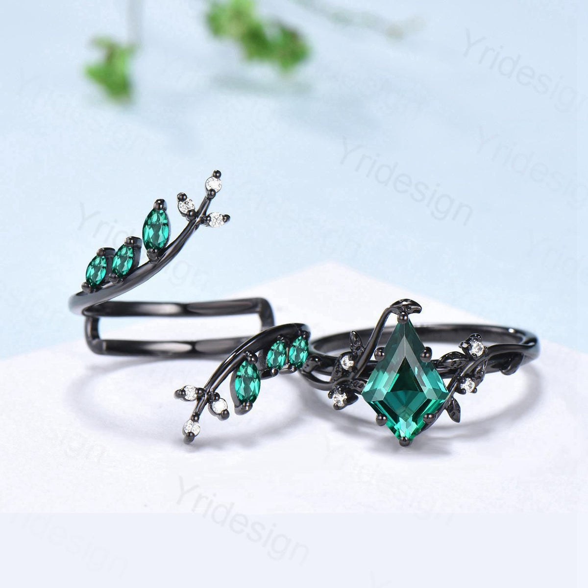 Unique gothic kite cut emerald engagement ring set black gold cluster engagement ring nature inspired marquise may birthstone wedding set