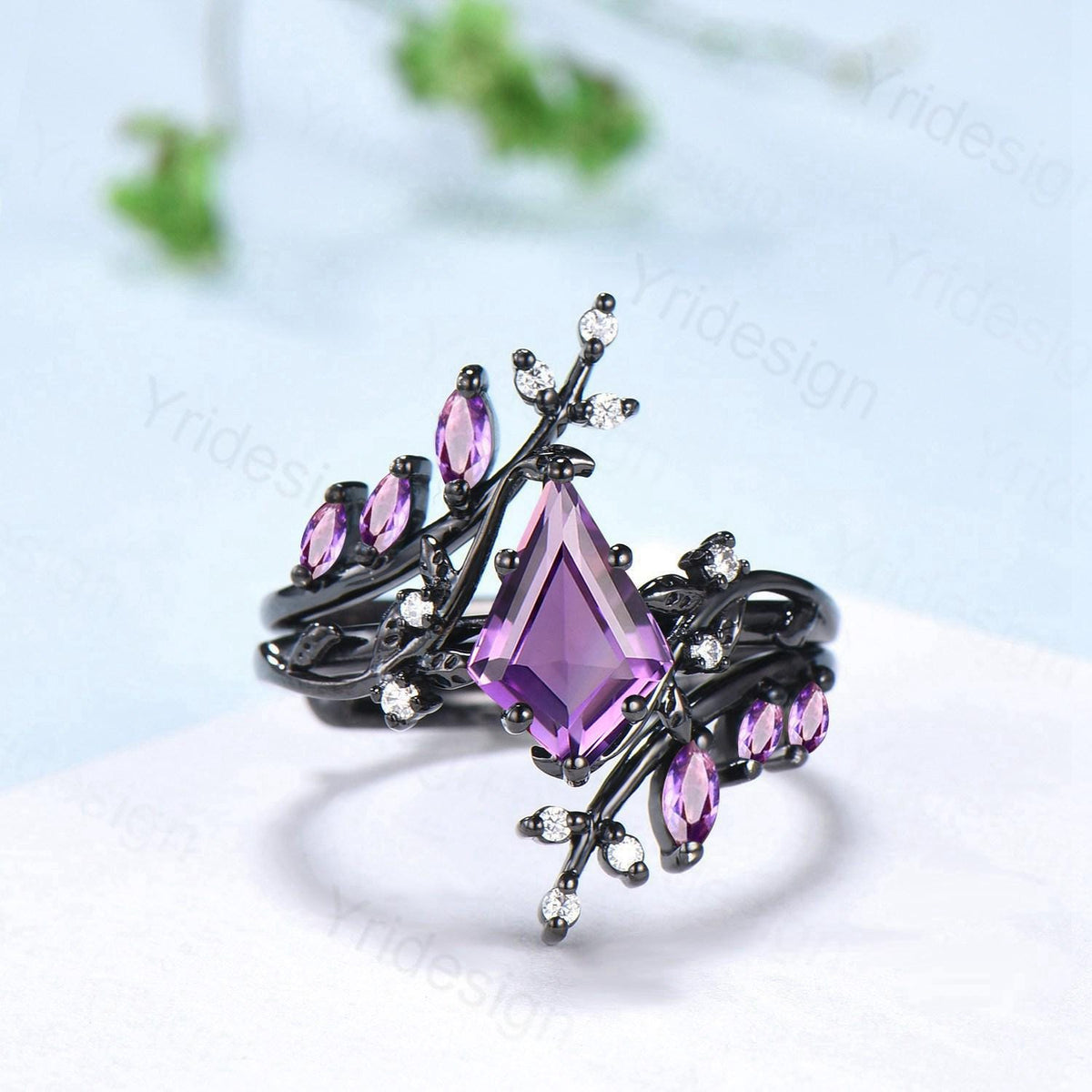 Nature Inspired Kite cut amethyst engagement ring set black gold unique leaf branch marquise cut purple gemstone ring bridal wedding set
