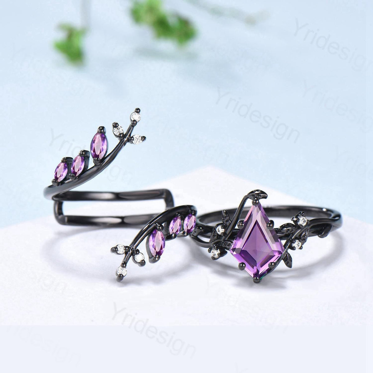 Nature Inspired Kite cut amethyst engagement ring set black gold unique leaf branch marquise cut purple gemstone ring bridal wedding set