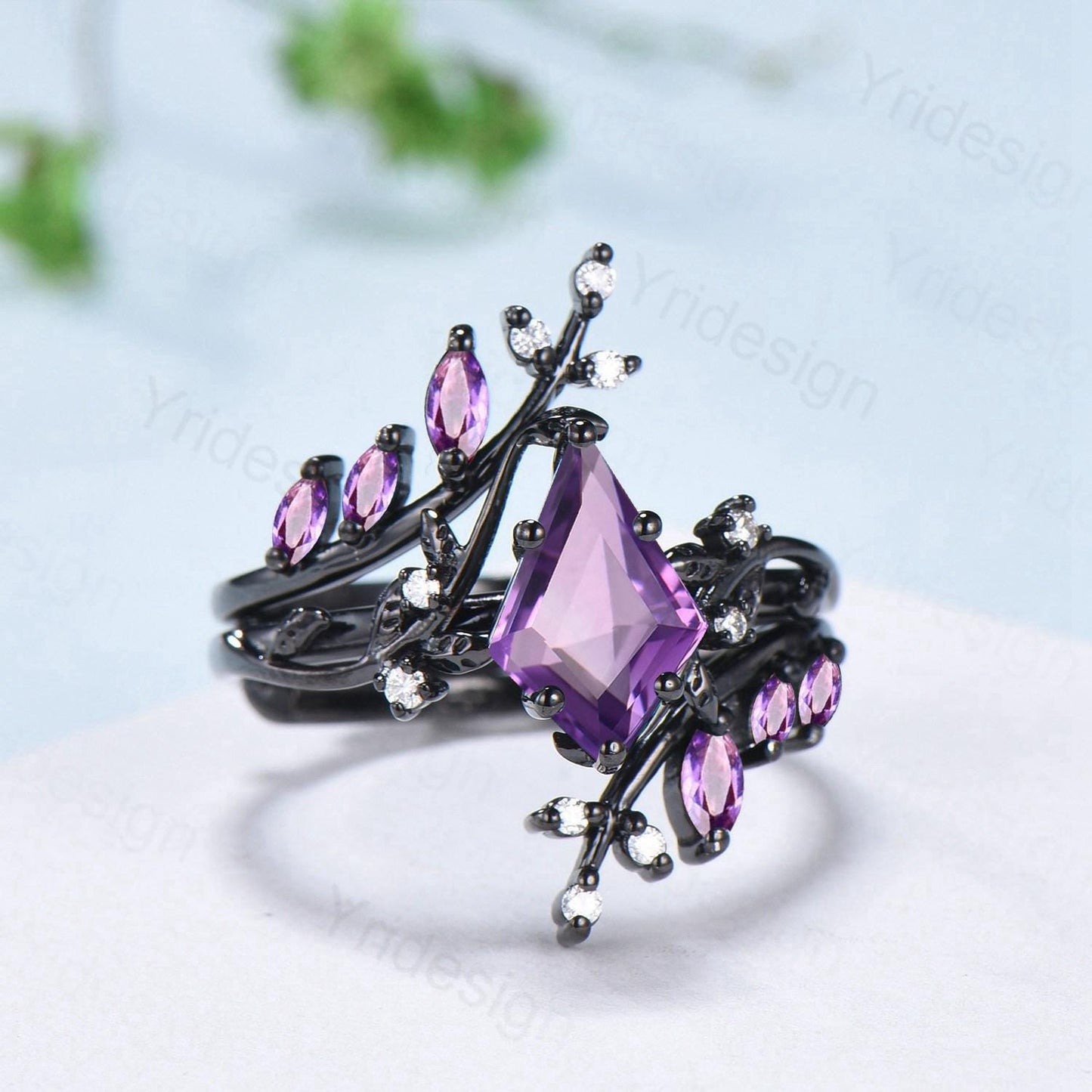 Nature Inspired Kite cut amethyst engagement ring set black gold unique leaf branch marquise cut purple gemstone ring bridal wedding set