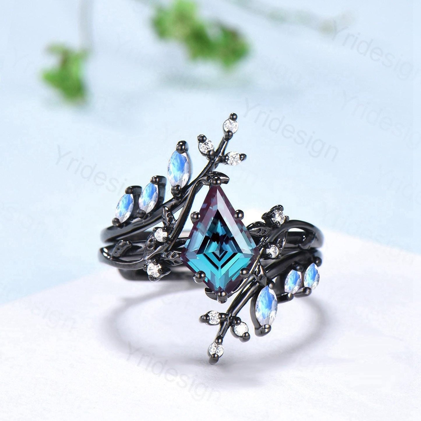1.5CT Kite Cut Alexandrite Engagement Ring Set Gothic Black Gold Marquise Moonstone Cluster Bridal Set