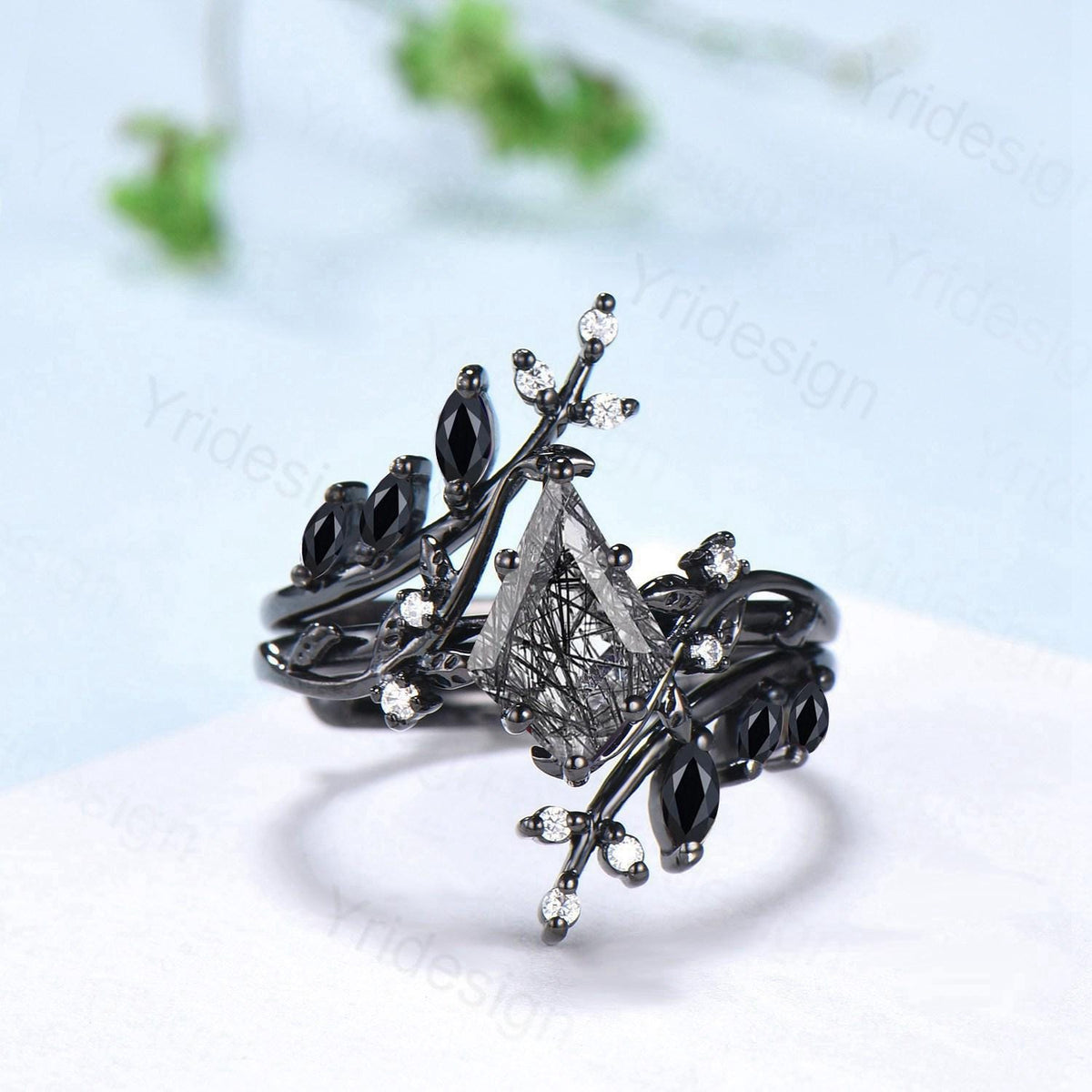 Unique gothic kite cut black rutilated quartz engagement ring set black gold cluster engagement ring leaf branch nature inspired wedding set