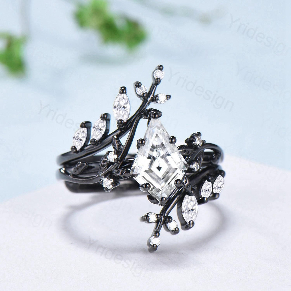 Gothic Kite Cut Lab Grown Diamond Engagement Ring Set Black Gold Nature Inspired Twig Enhancer Ring