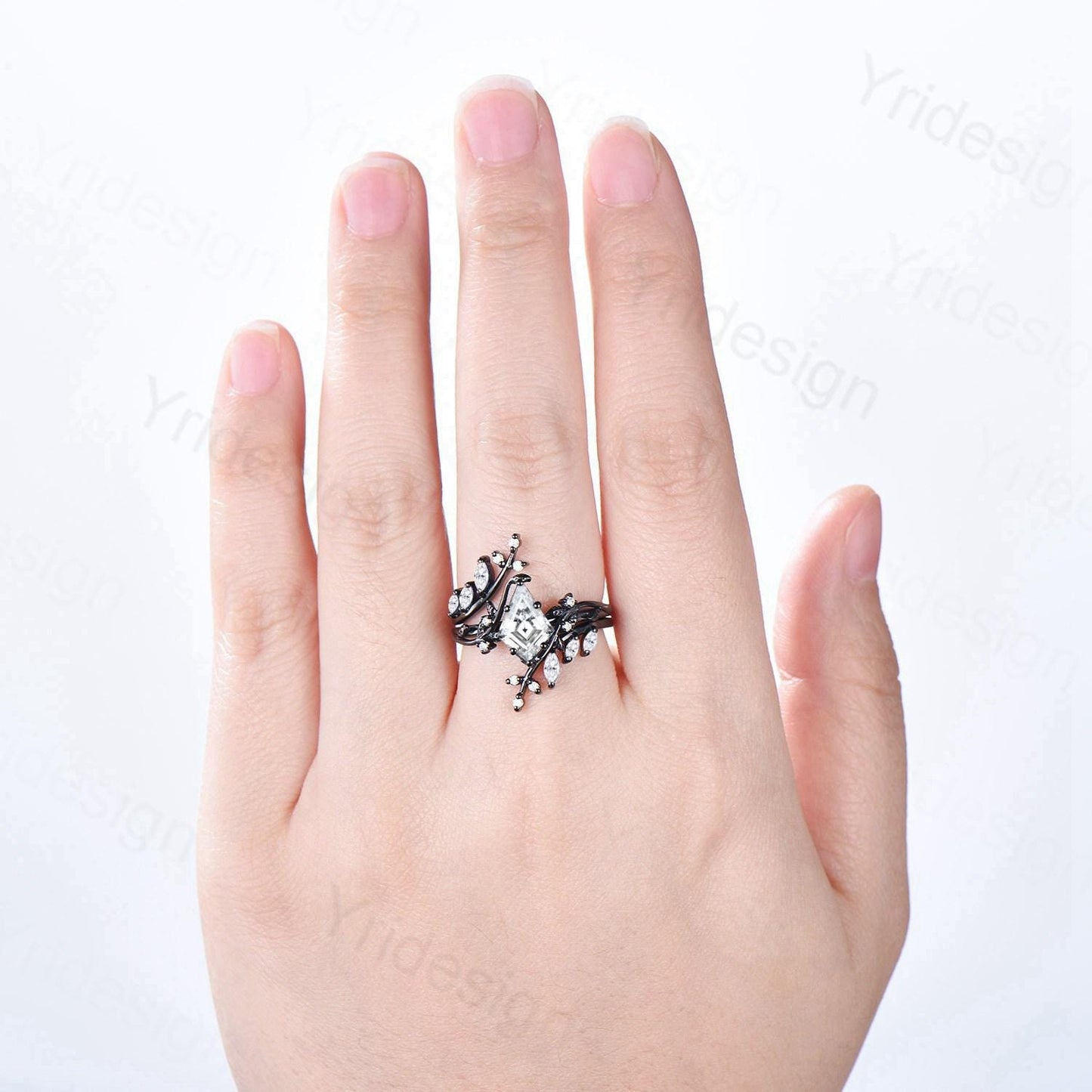 Gothic Kite Cut Lab Grown Diamond Engagement Ring Set Black Gold Nature Inspired Twig Enhancer Ring