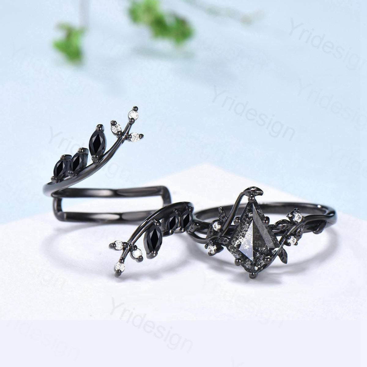 Unique gothic kite cut salt and pepper diamond engagement ring set black gold cluster engagement ring leaf nature inspired onyx wedding set