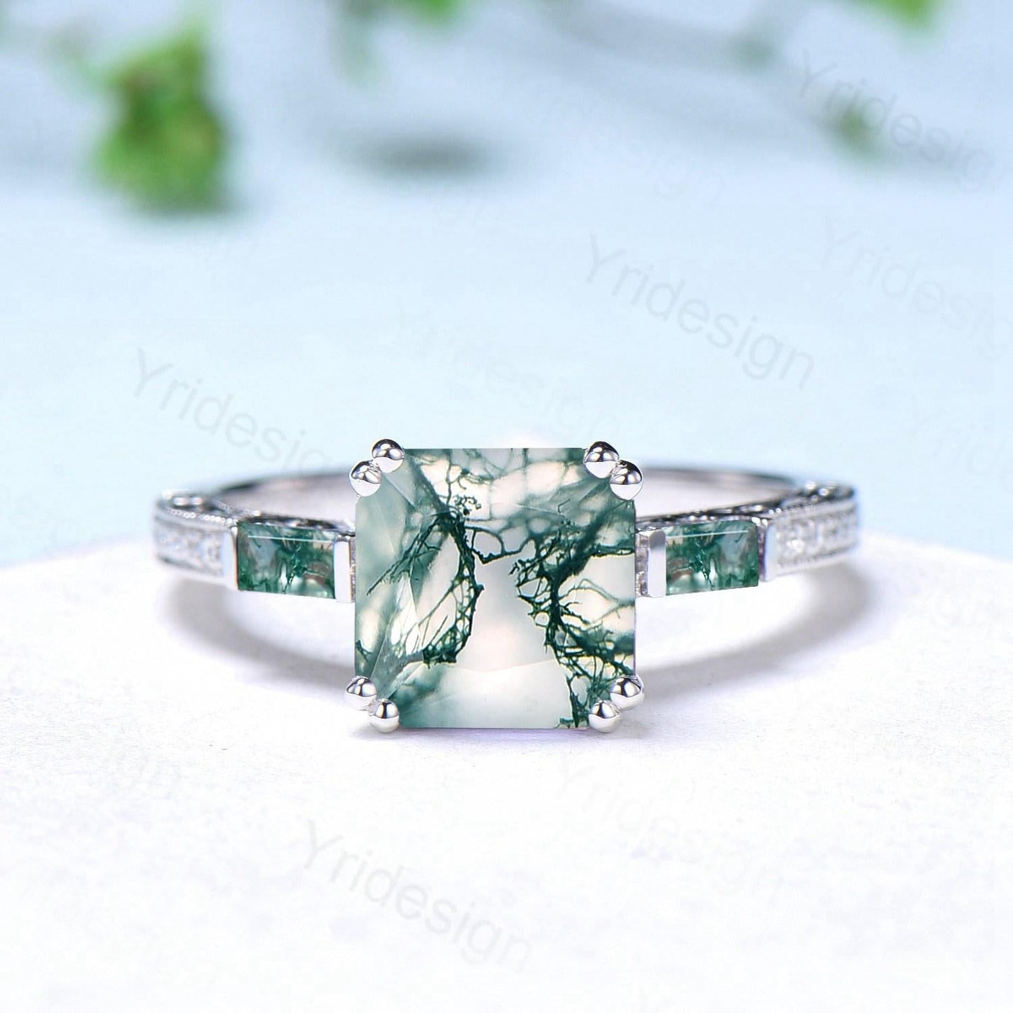 Hidden halo asscher cut moss agate engagement ring Princess green moss agate basket setting wedding ring pave set diamonds anniversary ring