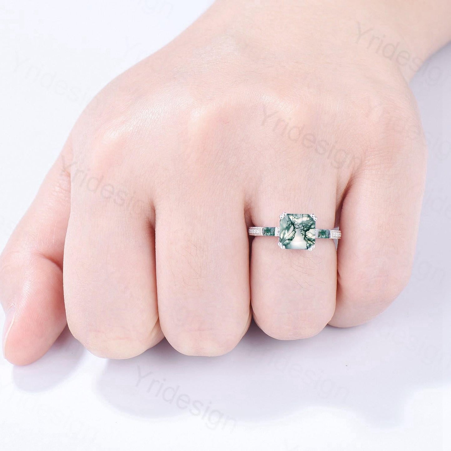 Hidden halo asscher cut moss agate engagement ring Princess green moss agate basket setting wedding ring pave set diamonds anniversary ring