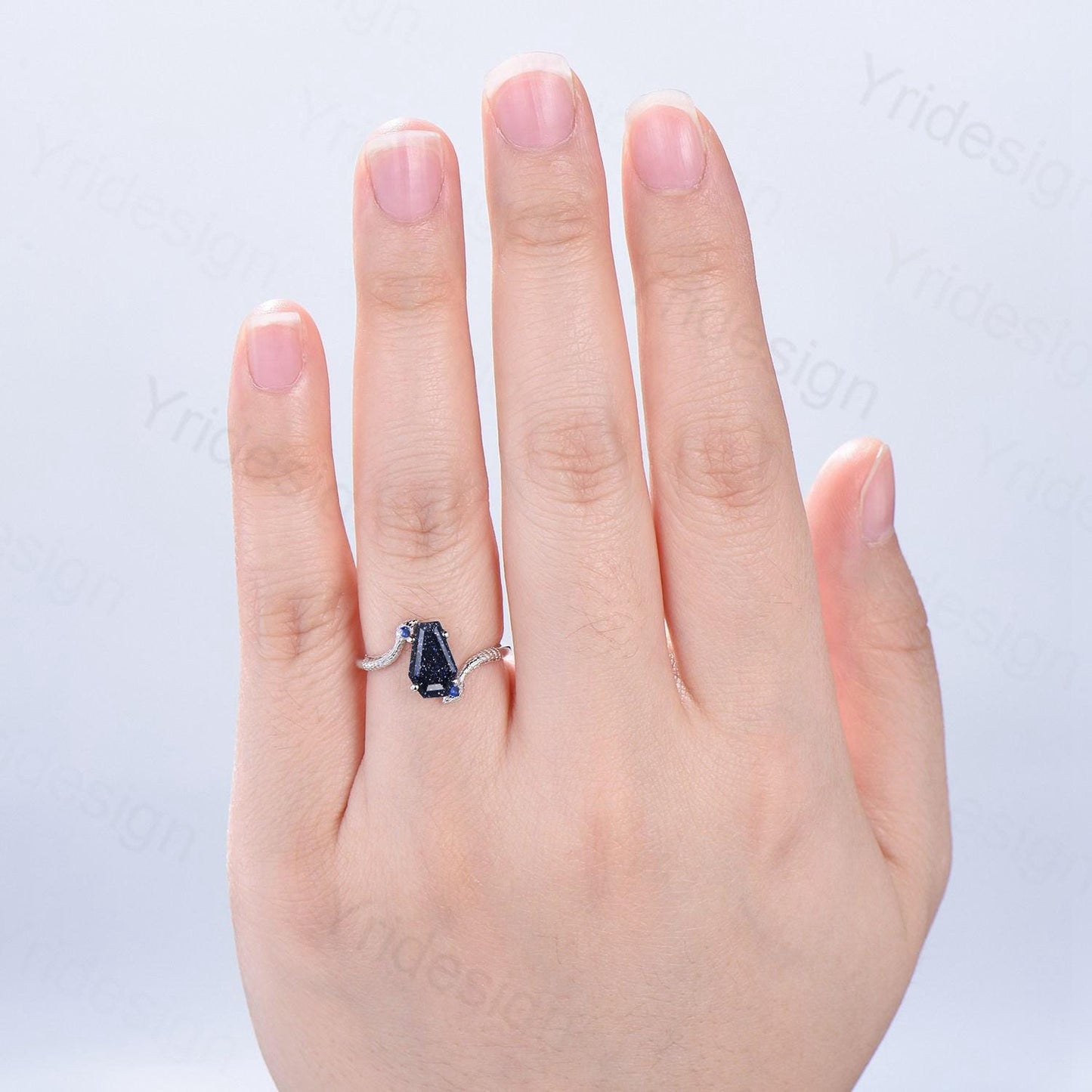 Unique Snake blue sandstone engagement ring cold-blooded coffin shaped galaxy star three stone wedding ring women anniversary promise gift