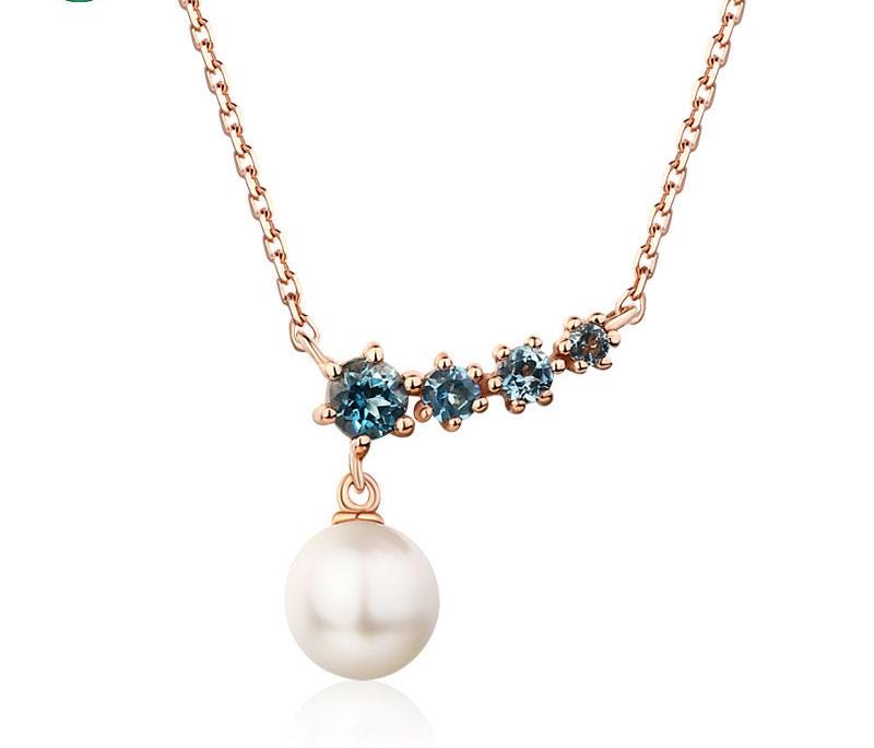 Elegant pearl pendant necklace five stone dainty pendant 9k/14k/18k rose  gold art deco London blue topaz pendant necklace Anniversary gift