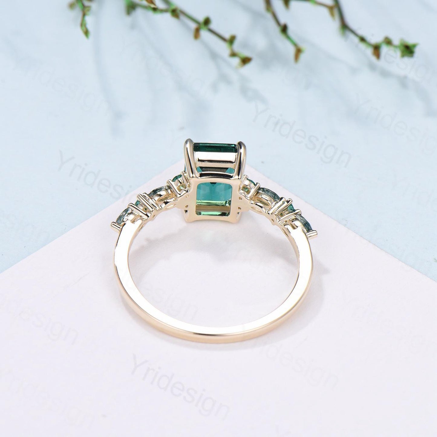 Vintage Emerald Cut Green Sapphire Engagement Ring 14K Yellow Gold Unique Marquise Moss Agate Emerald Wedding Ring Promise Anniversary Gifts