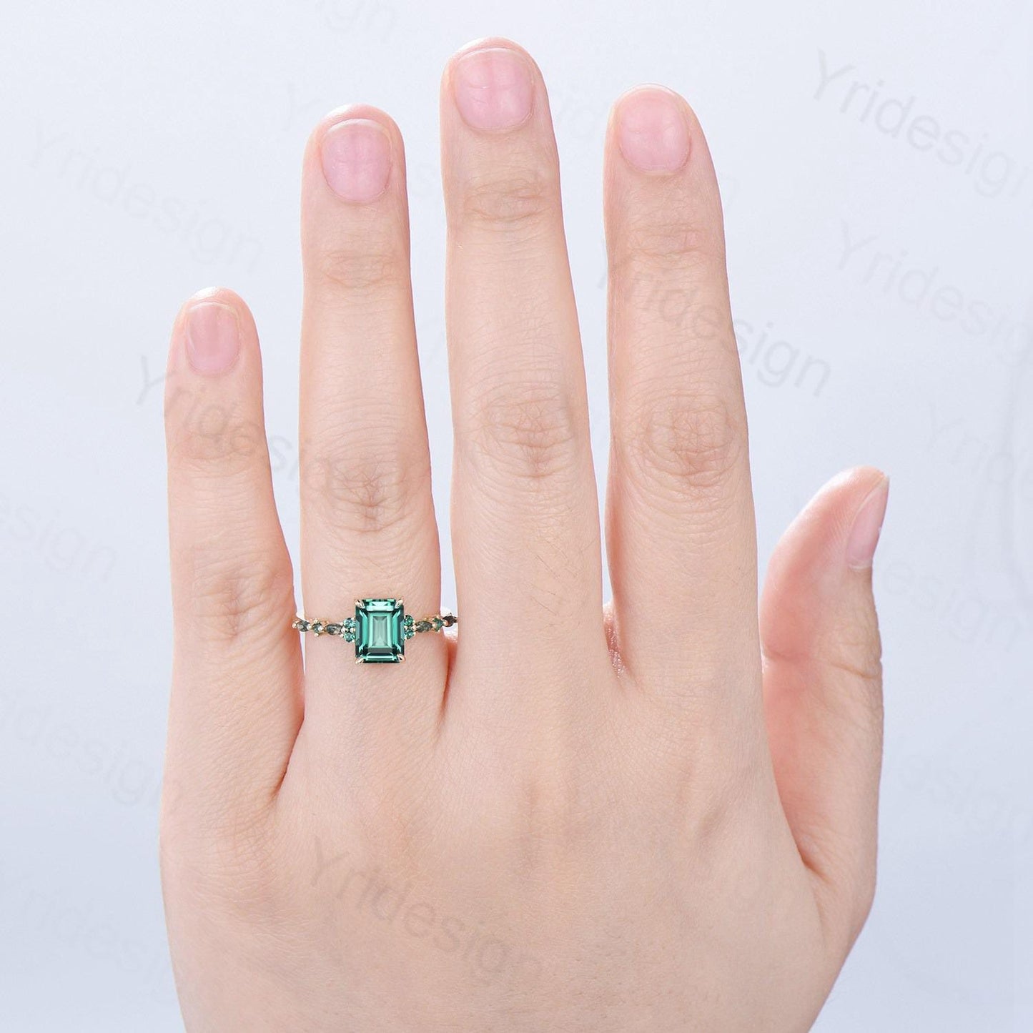Vintage Emerald Cut Green Sapphire Engagement Ring 14K Yellow Gold Unique Marquise Moss Agate Emerald Wedding Ring Promise Anniversary Gifts