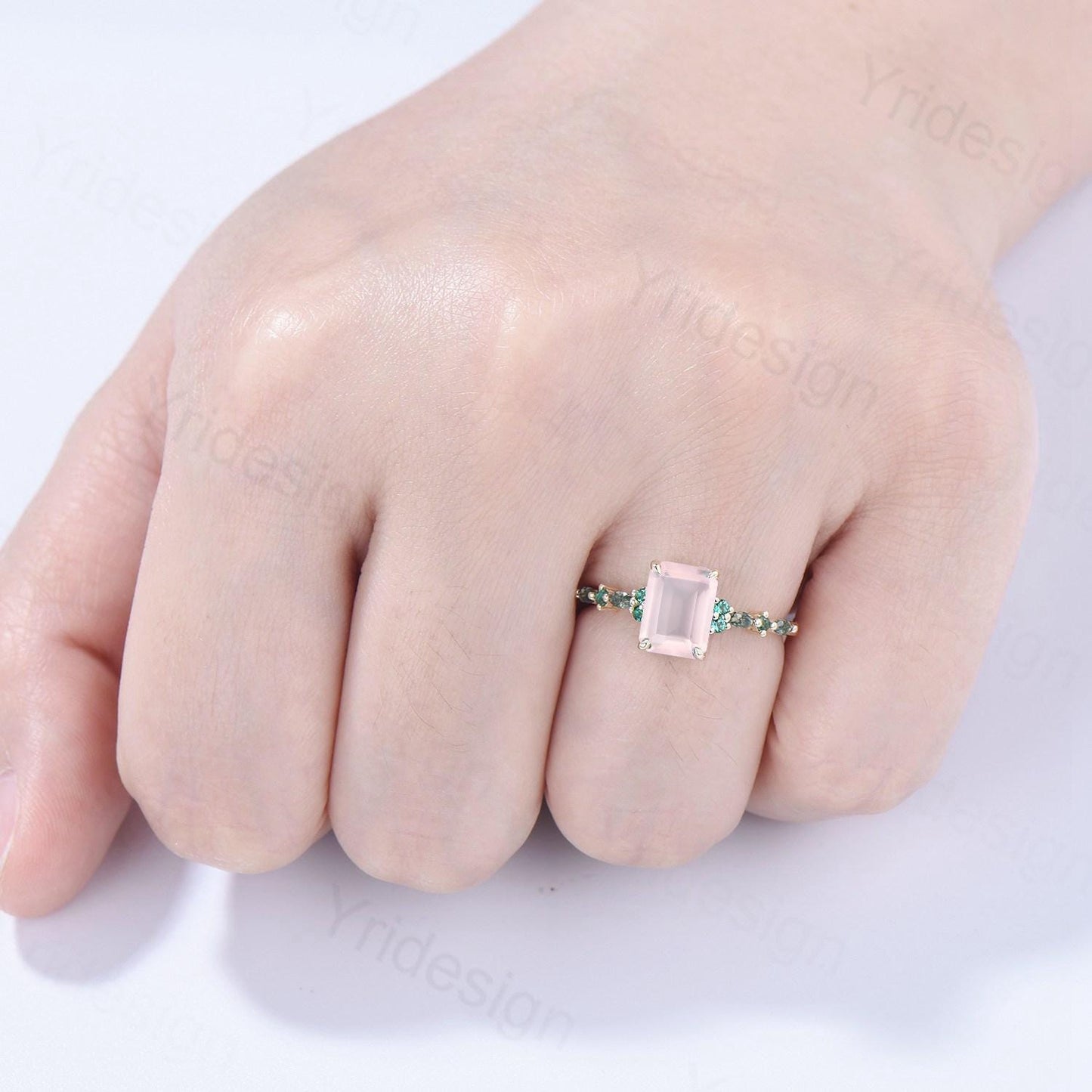 Vintage Emerald Cut Rose Quartz Engagement Ring Unique Marquise Moss Agate Pink Crystal Wedding Ring Yellow Gold Promise Anniversary Gifts