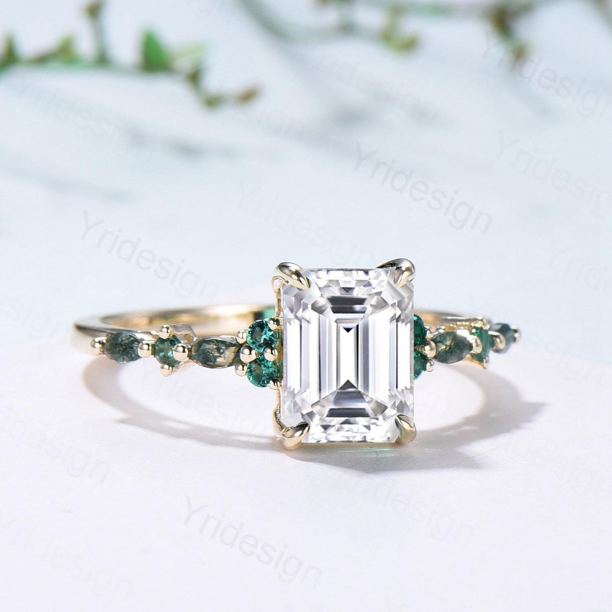 Vintage Emerald Cut Moissanite Engagement Ring Unique Marquise Moss Agate Moissanite Wedding Ring Art Deco Minimalsit Anniversary Ring Gift