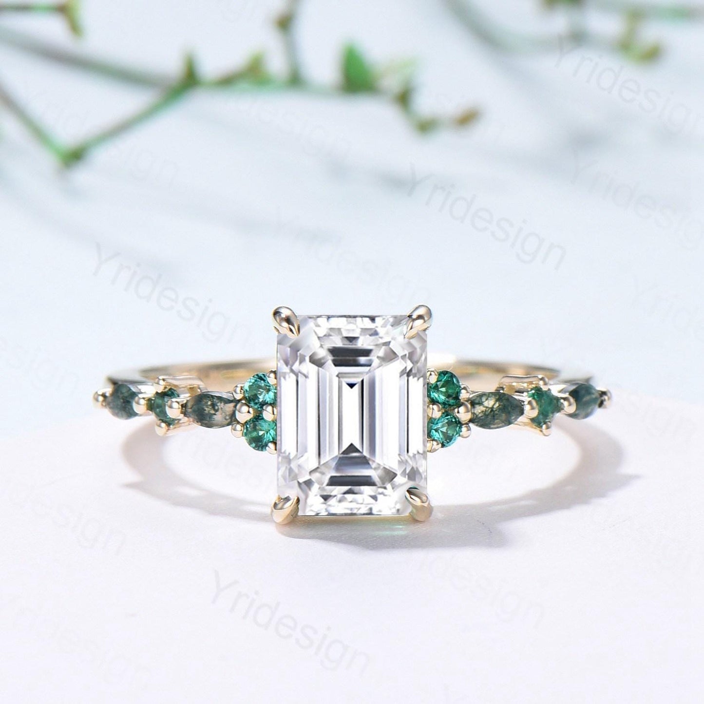 Vintage Emerald Cut Moissanite Engagement Ring Unique Marquise Moss Agate Moissanite Wedding Ring Art Deco Minimalsit Anniversary Ring Gift