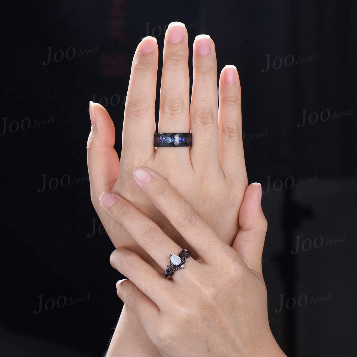 Galaxy Couples Ring Set-His and Hers Wedding Band- Black Gold White Opal Amethyst Wedding Ring/ No-fading Black Tungsten Matching Ring Men