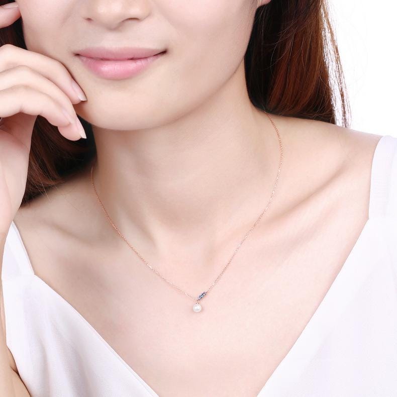 Dainty pearl pendant necklace Minimalist pendant 9k/14k/18k rose  gold art deco London blue topaz pendant necklace Anniversary gift for mom