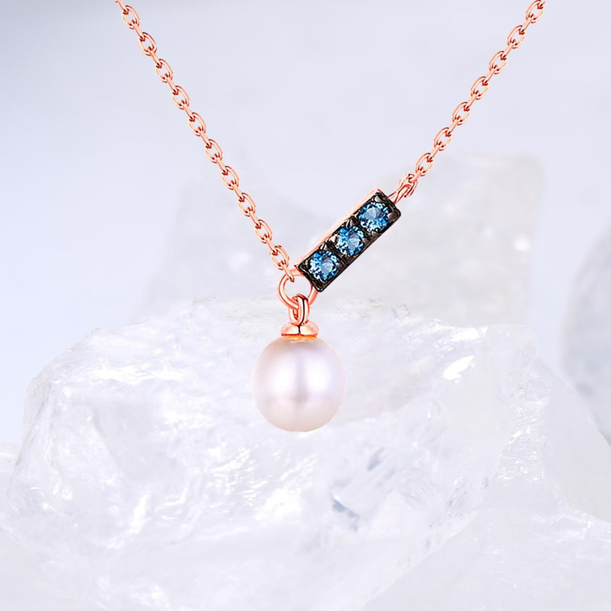 Dainty pearl pendant necklace Minimalist pendant 9k/14k/18k rose  gold art deco London blue topaz pendant necklace Anniversary gift for mom