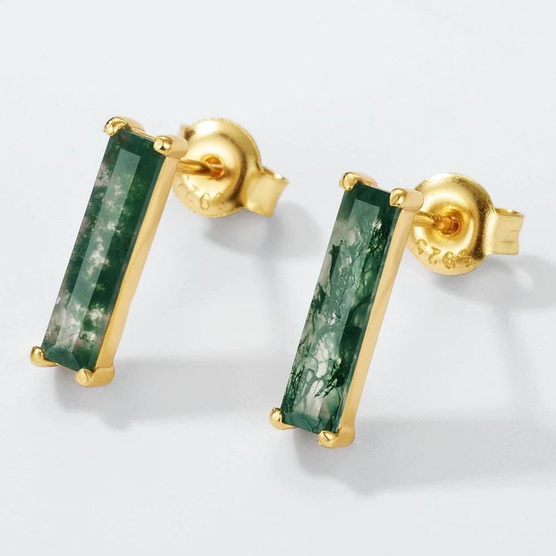 Minimalist baguette cut moss agate wedding set solitaire yellow gold moss agate pendant necklace rose gold agate earrings anniversary gifts