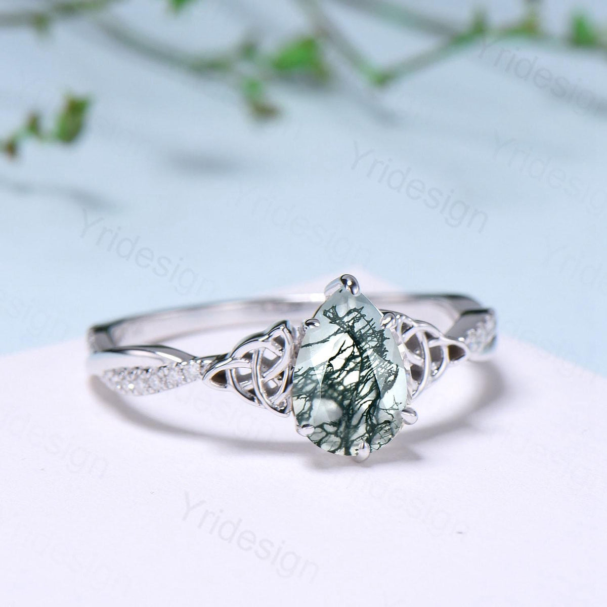 Norse Viking Pear Shaped Moss Agate Engagement Ring For Women Unique Celtic infinity moissanite wedding ring spilt shank anniversary gifts