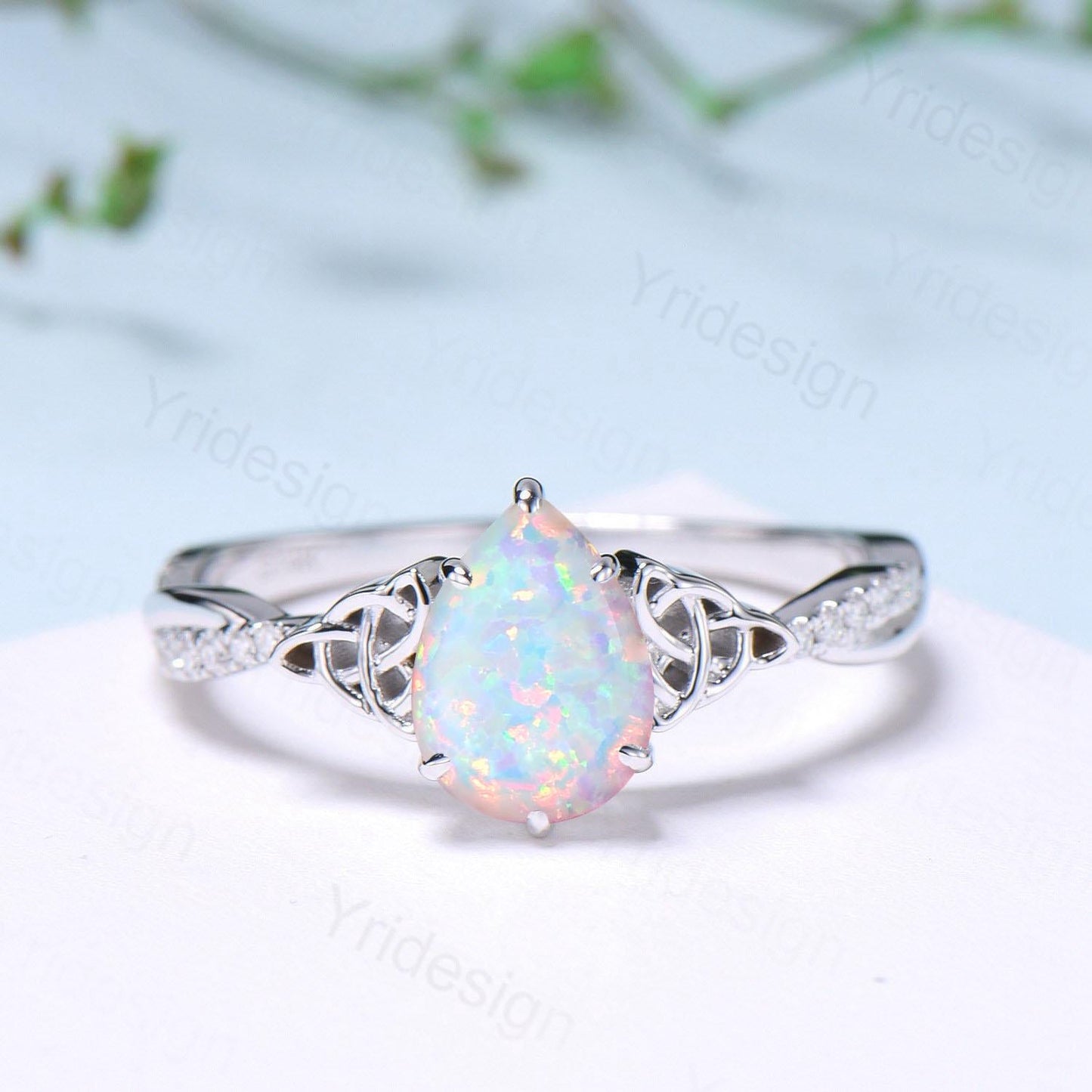 Celtic Knot Pear Shaped Fire Opal Engagement Ring For Women Unique Norse Viking infinity Opal Wedding Ring Spilt Shank Anniversary gifts