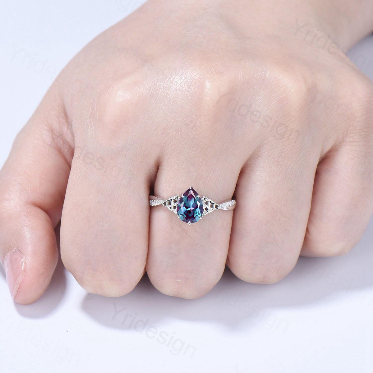 Celtic Knot Pear Shaped Alexandrite Engagement Ring Unique Norse Viking infinity Color Change Wedding Ring Spilt Shank Anniversary gifts