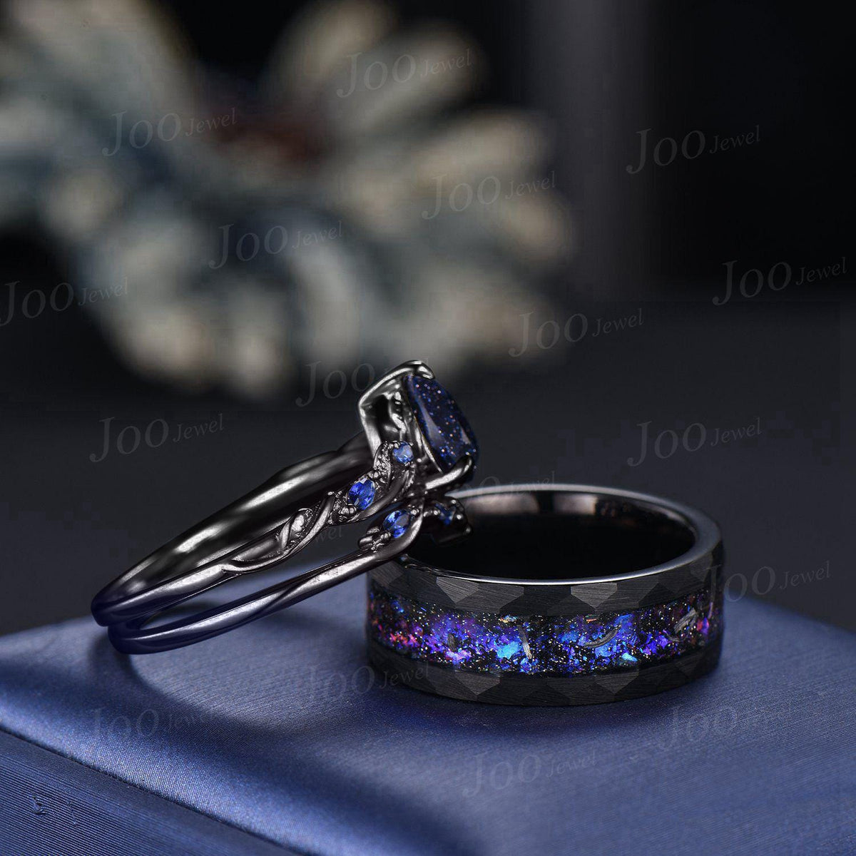 2pcs Galaxy Nebula Couple Ring Set Nature Inspired Pear Blue Sandstone Ring His and Hers Foil Wedding Ring Mens Black Tungsten Matching Ring
