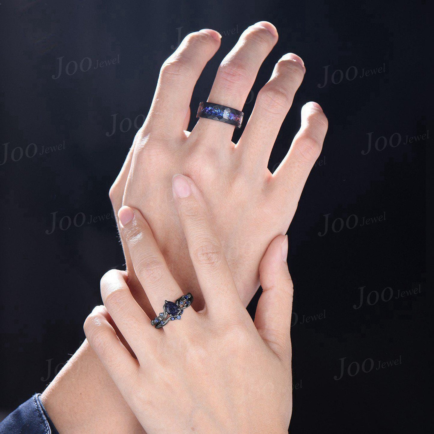 2pcs Galaxy Nebula Couple Ring Set Nature Inspired Pear Blue Sandstone Ring His and Hers Foil Wedding Ring Mens Black Tungsten Matching Ring