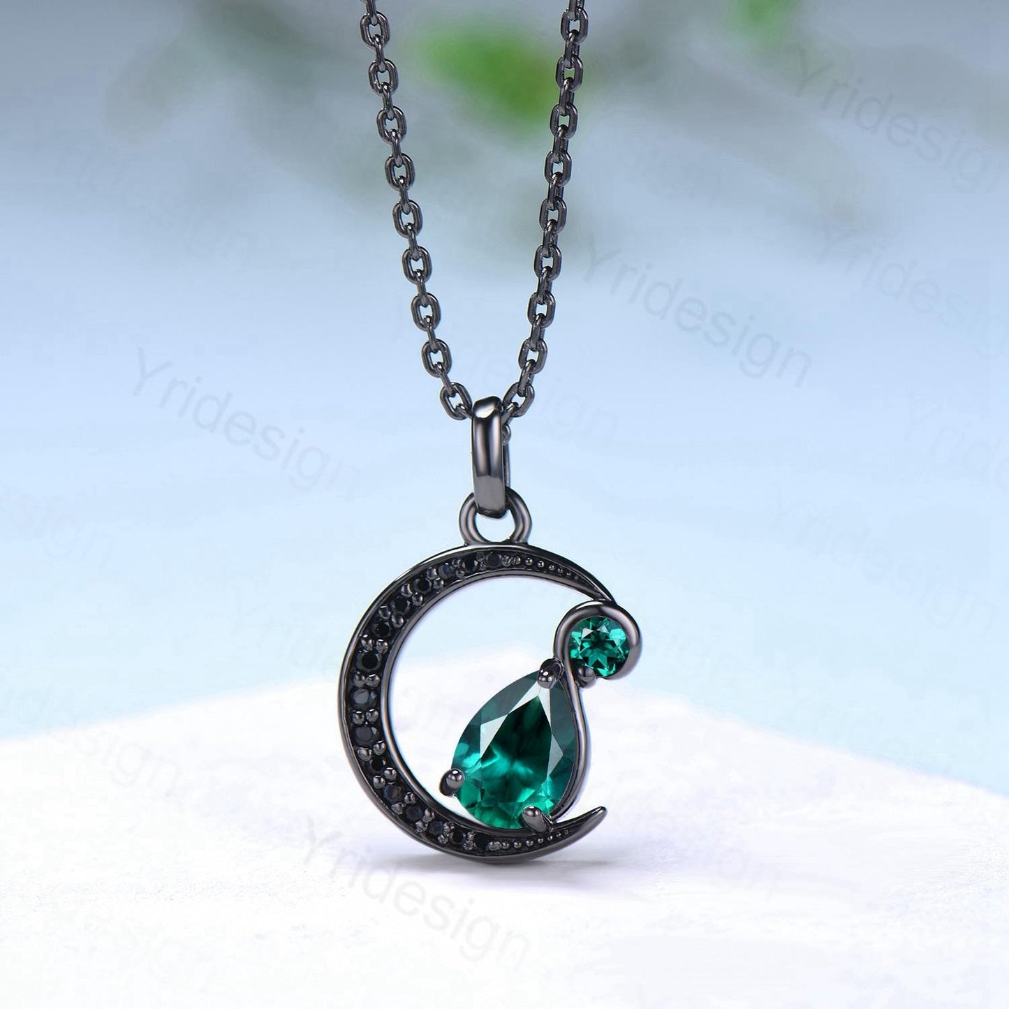 Magic Crescent Moon Black Gold Emerald Necklace Gothic Pendant Necklace Unique Pear Shaped Emerald Black Spinel Necklace Anniversary Gift