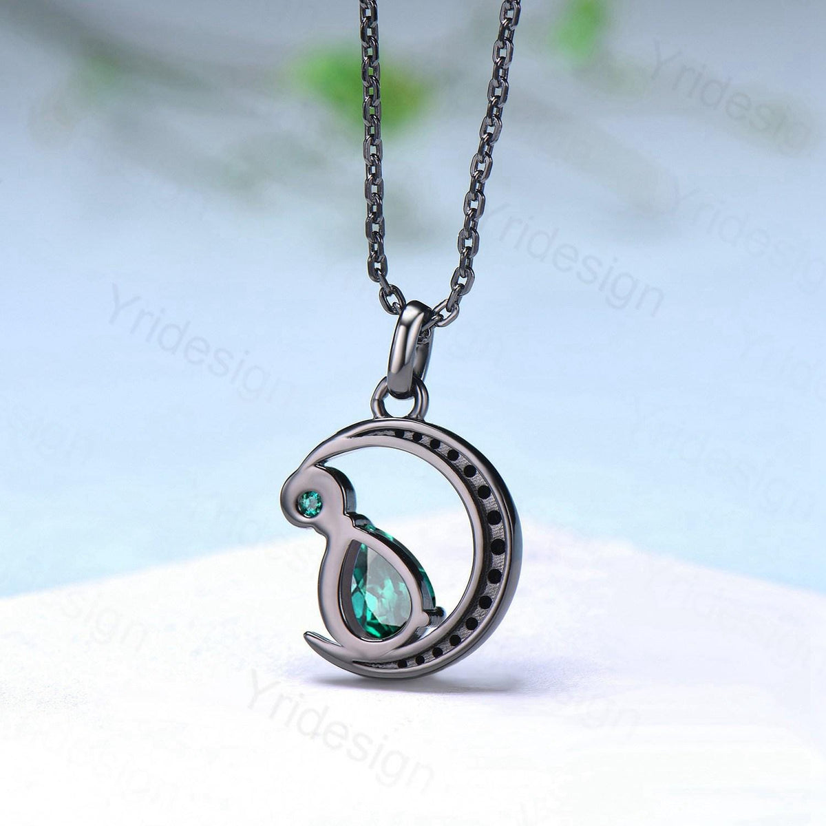 Magic Crescent Moon Black Gold Emerald Necklace Gothic Pendant Necklace Unique Pear Shaped Emerald Black Spinel Necklace Anniversary Gift