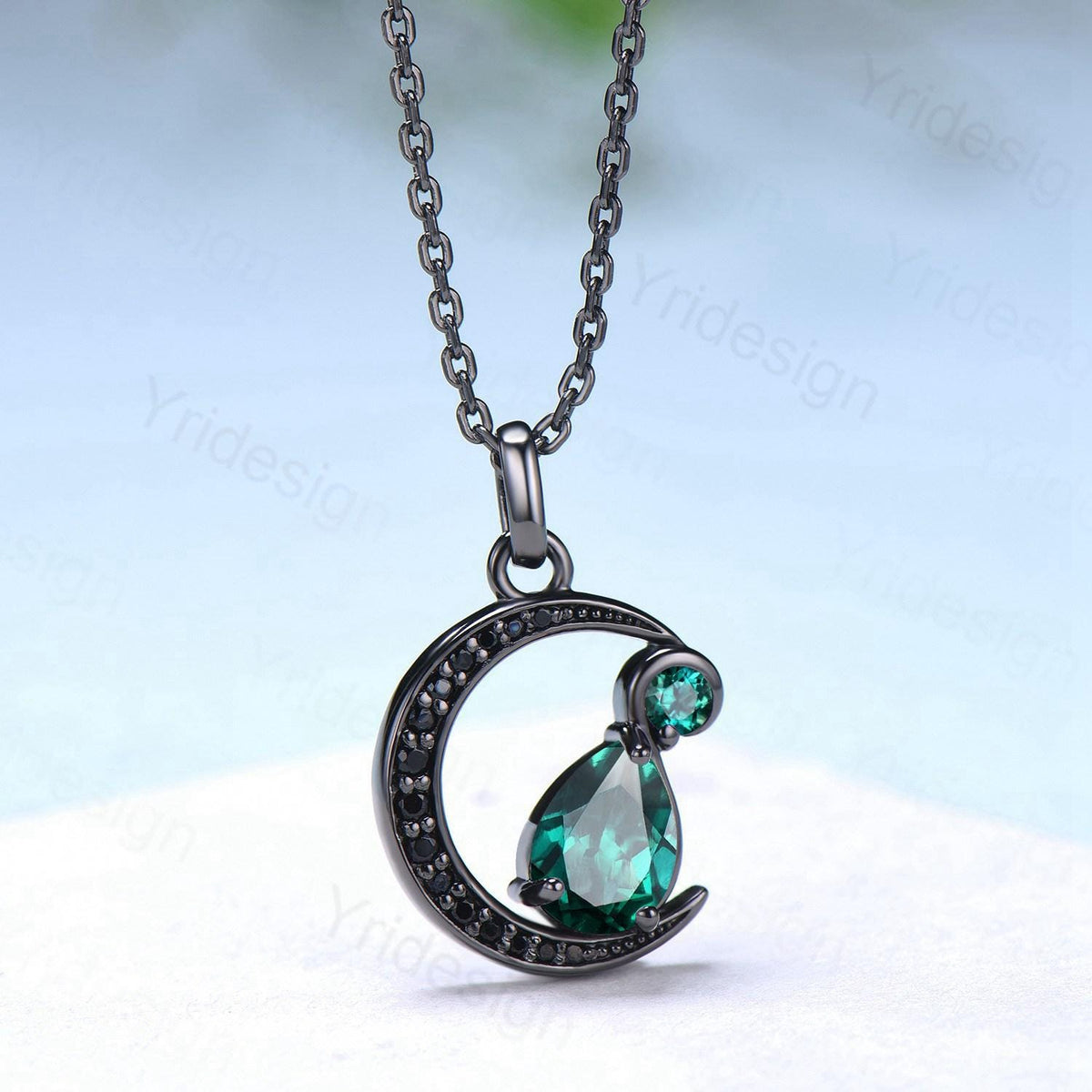 Magic Crescent Moon Black Gold Emerald Necklace Gothic Pendant Necklace Unique Pear Shaped Emerald Black Spinel Necklace Anniversary Gift