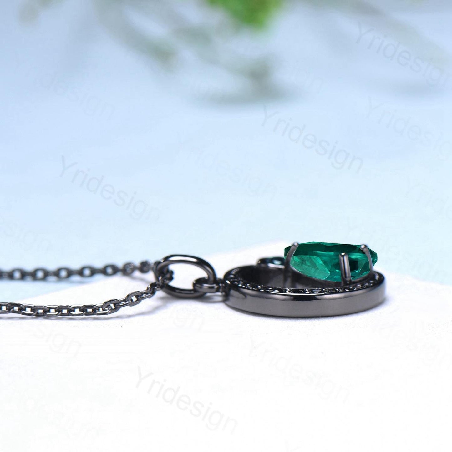 Magic Crescent Moon Black Gold Emerald Necklace Gothic Pendant Necklace Unique Pear Shaped Emerald Black Spinel Necklace Anniversary Gift