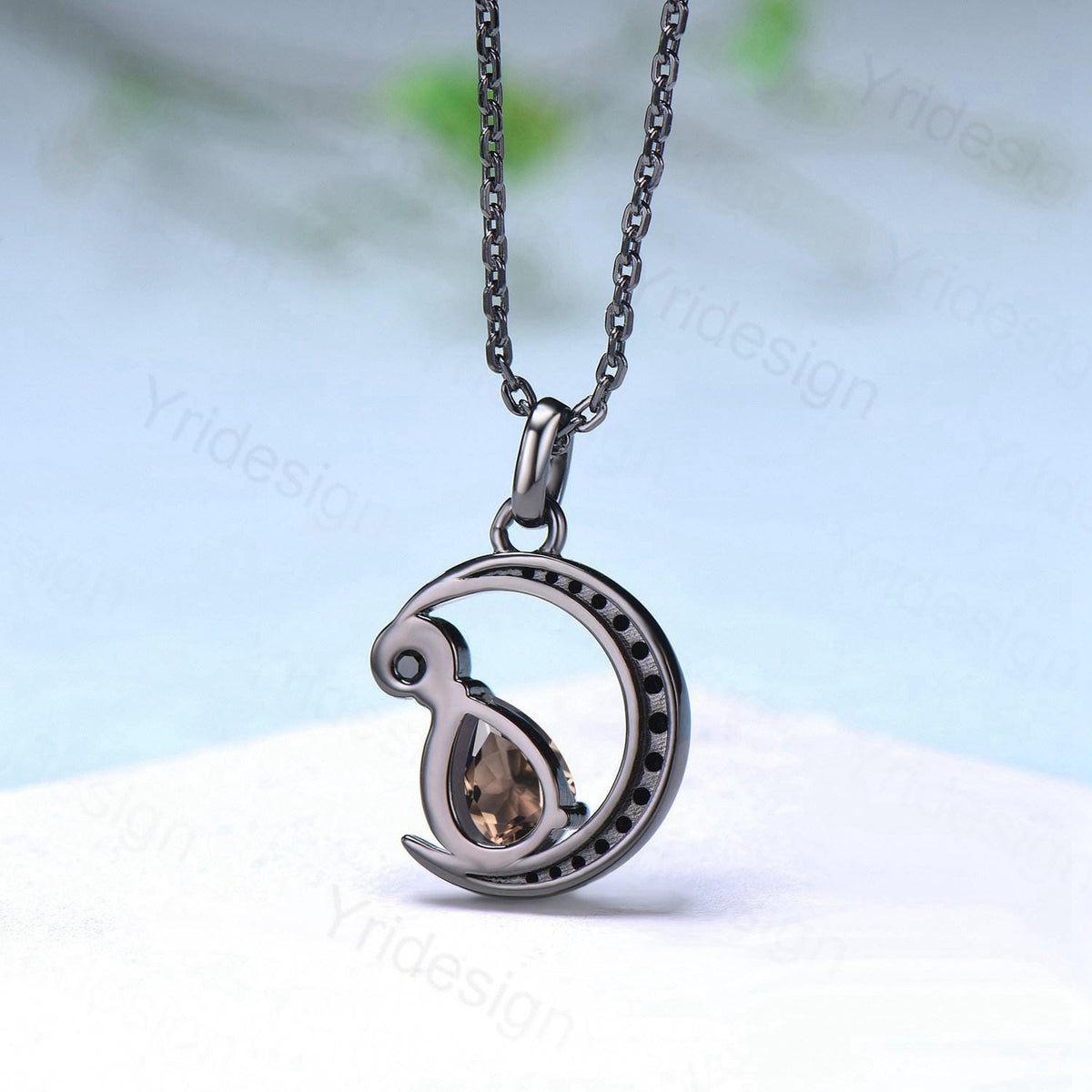 Unique Crescent Moon Black Gold Brown Smoky Quartz Necklace Gothic Pendant Necklace Magic Pear Shaped Black Spinel Necklace Anniversary Gift
