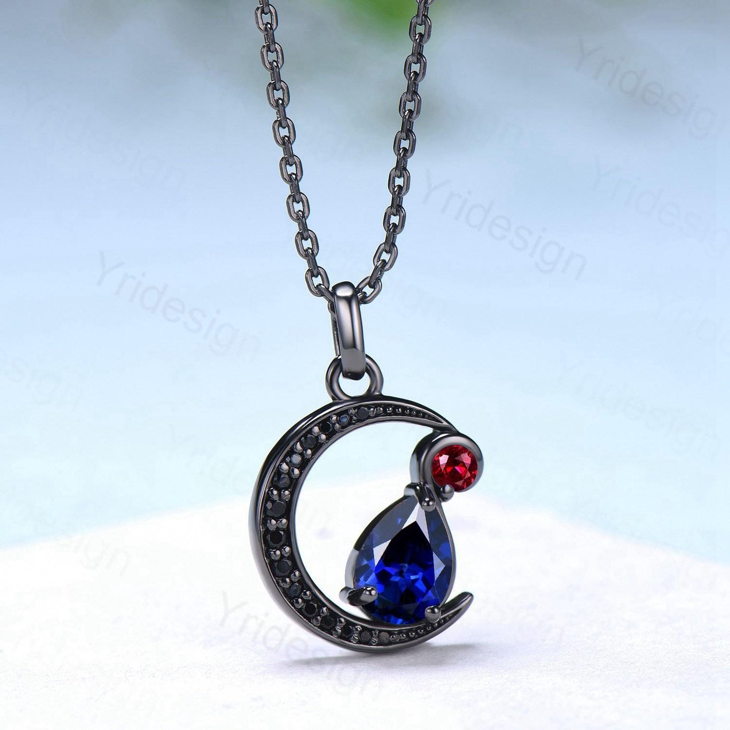 Unique Magic Crescent Moon Black Gold Pear Shaped Sapphire Ruby Necklace Gothic Pendant Necklace Black Spinel Necklace Her Anniversary Gift