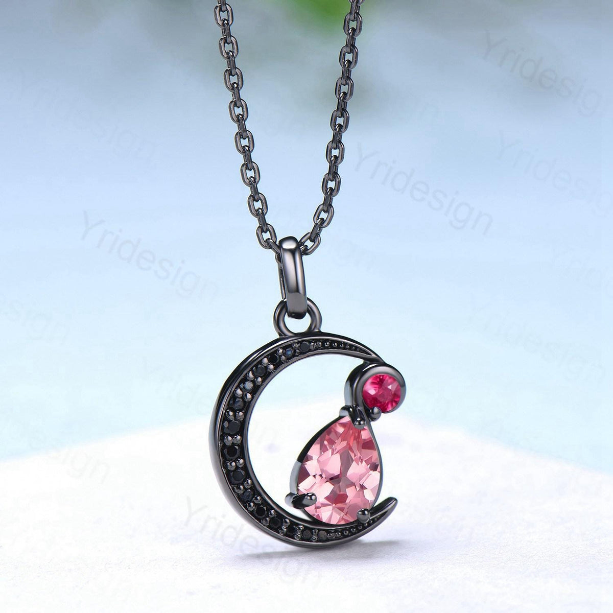 Unique Black Gold Papalacha Sapphire Necklace Gothic Pink Sapphire Pendant Necklace Crescent Moon Black Spinel Necklace Anniversary Gift