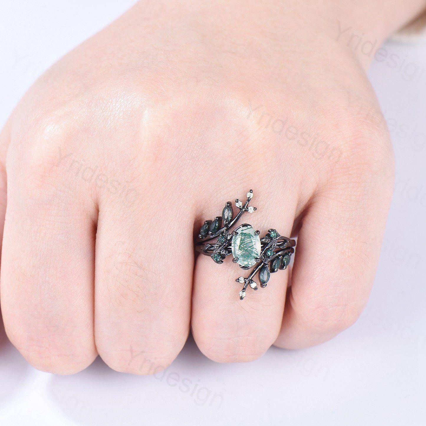 Nature Inspired oval green moss agate ring set black gold unique leaf vine marquise cut gothic agate engagement ring bridal wedding ring set