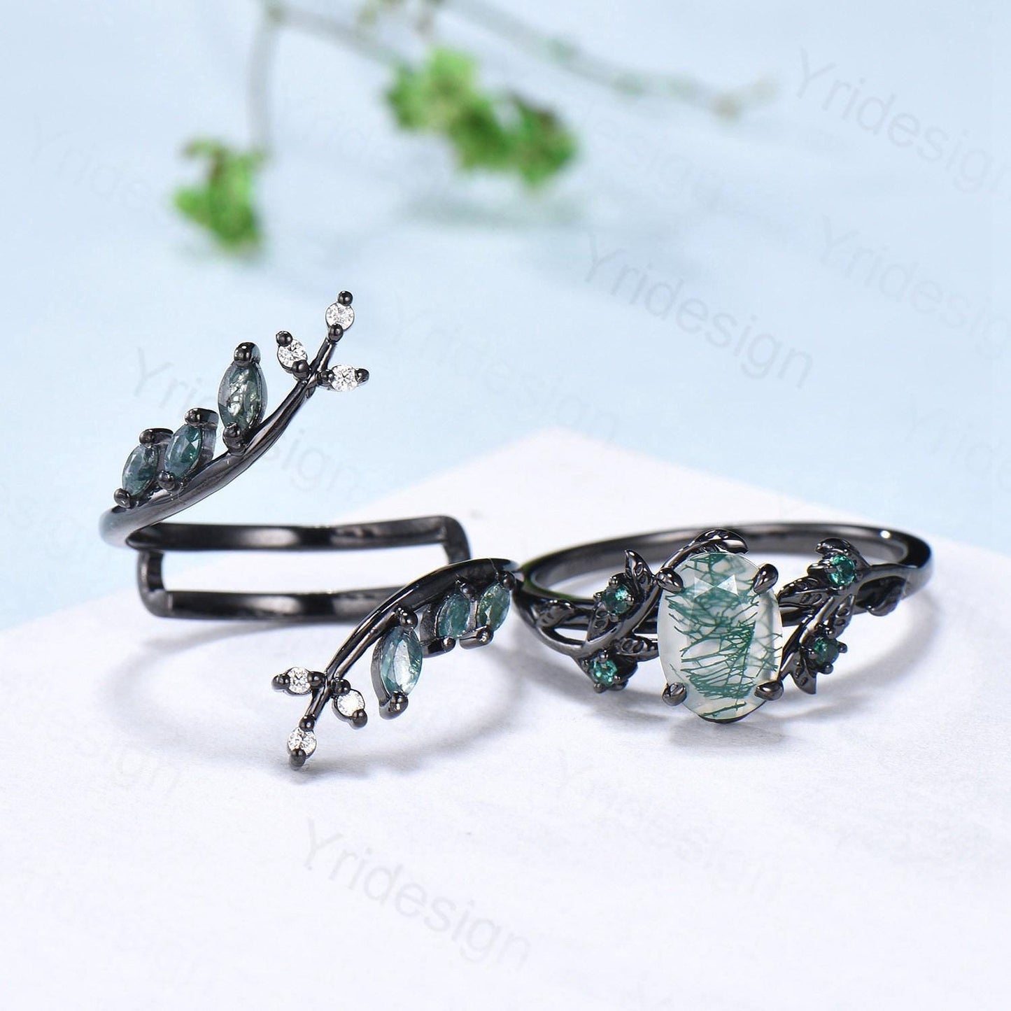 Nature Inspired oval green moss agate ring set black gold unique leaf vine marquise cut gothic agate engagement ring bridal wedding ring set
