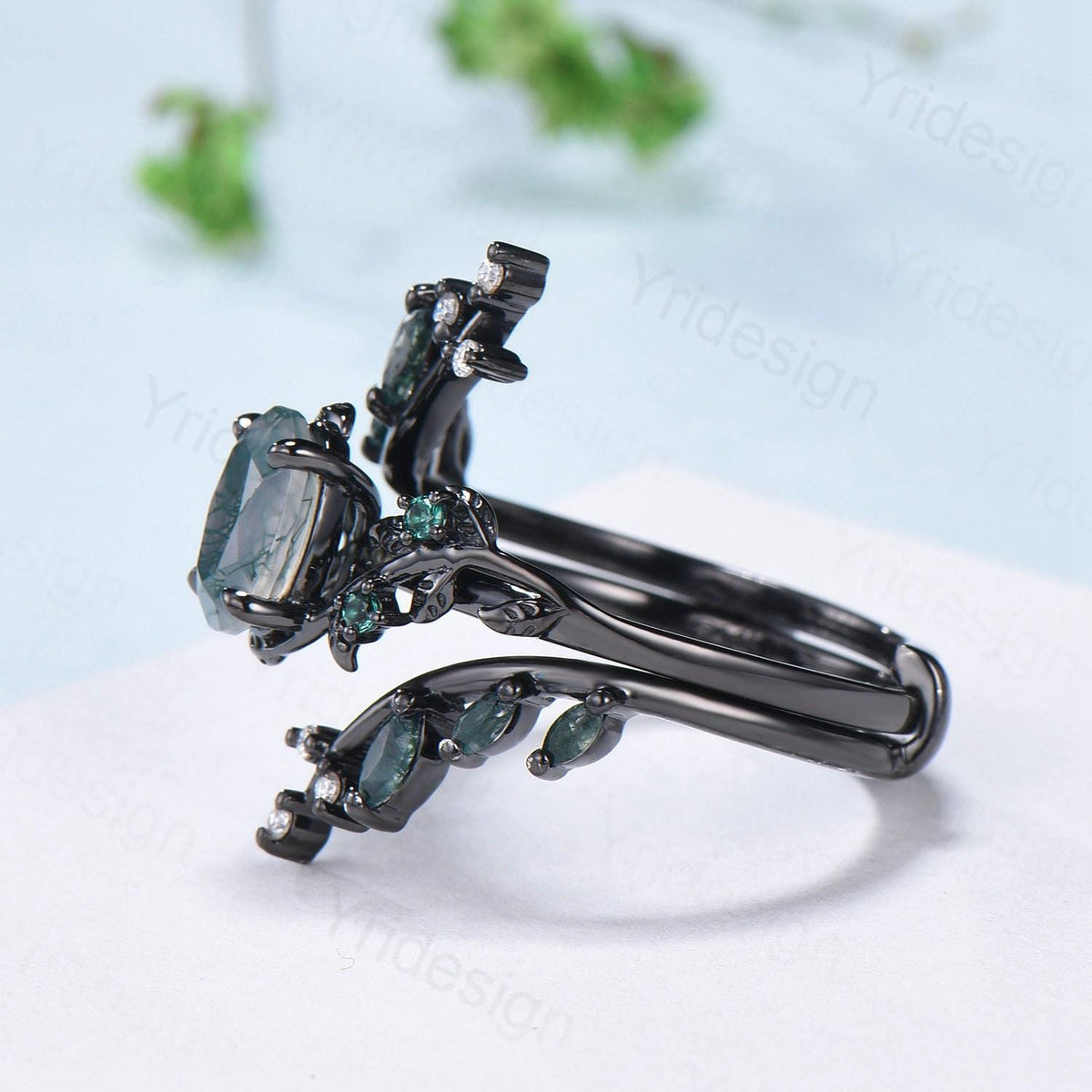 Nature Inspired oval green moss agate ring set black gold unique leaf vine marquise cut gothic agate engagement ring bridal wedding ring set