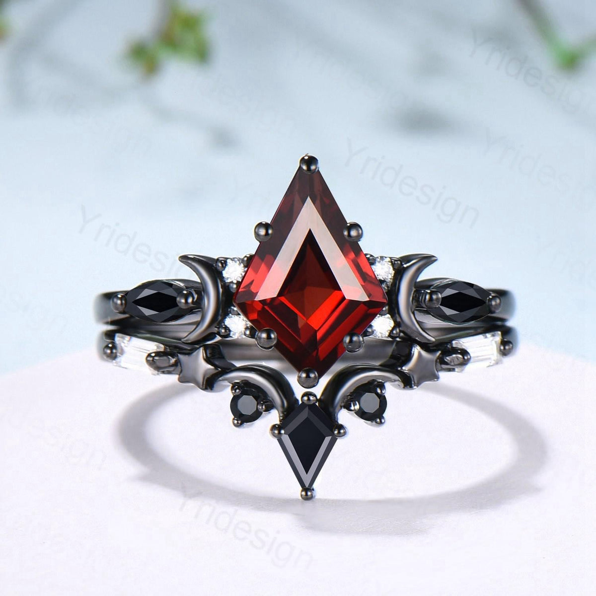 Unique Black gold kite cut garnet ring Unique crescent moon star January birthstone engagement ring black spinel delicate bridal wedding set