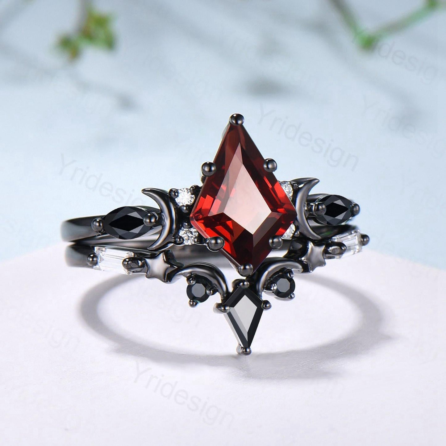 Unique Black gold kite cut garnet ring Unique crescent moon star January birthstone engagement ring black spinel delicate bridal wedding set
