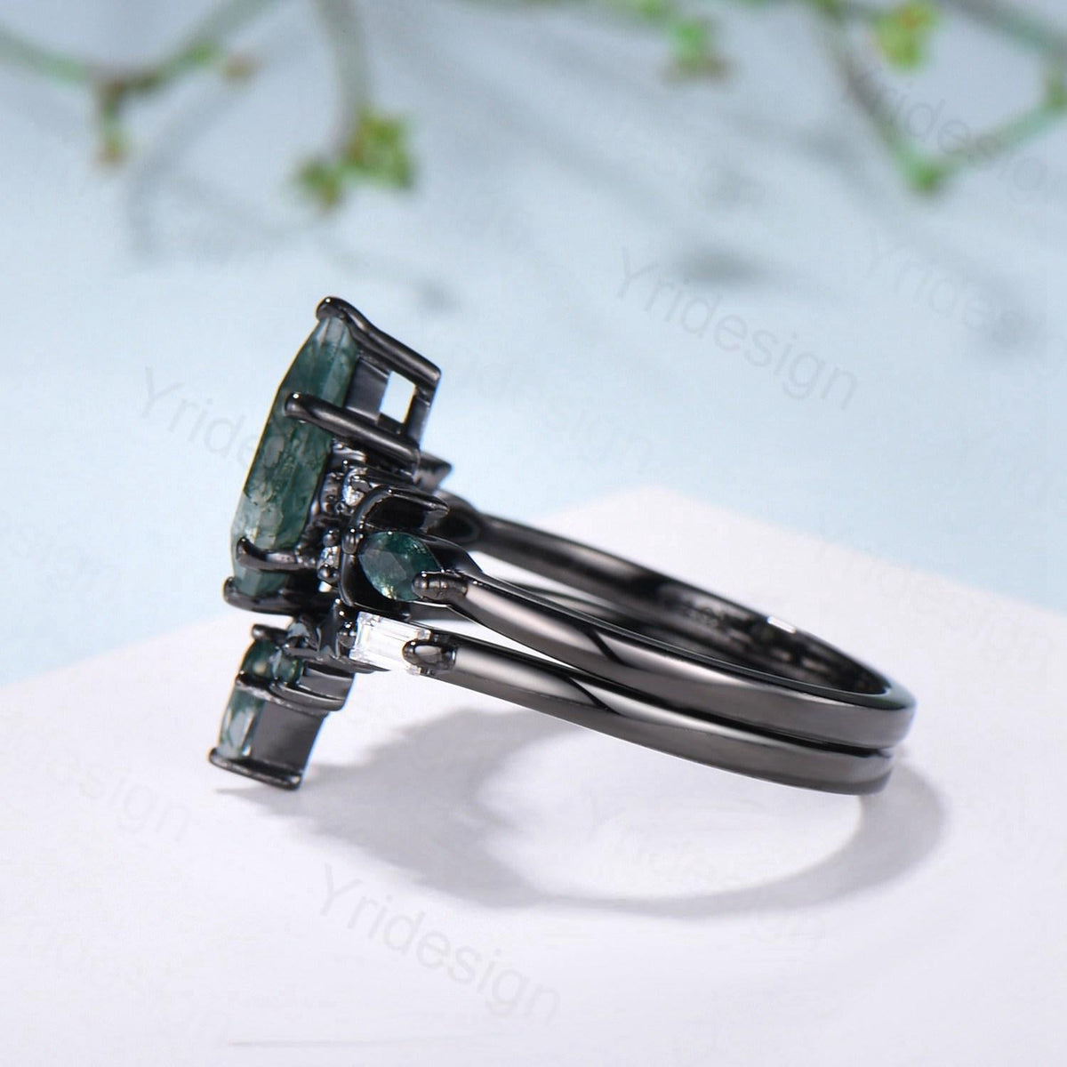 Unique Black gold kite cut garnet ring Unique crescent moon star January birthstone engagement ring black spinel delicate bridal wedding set