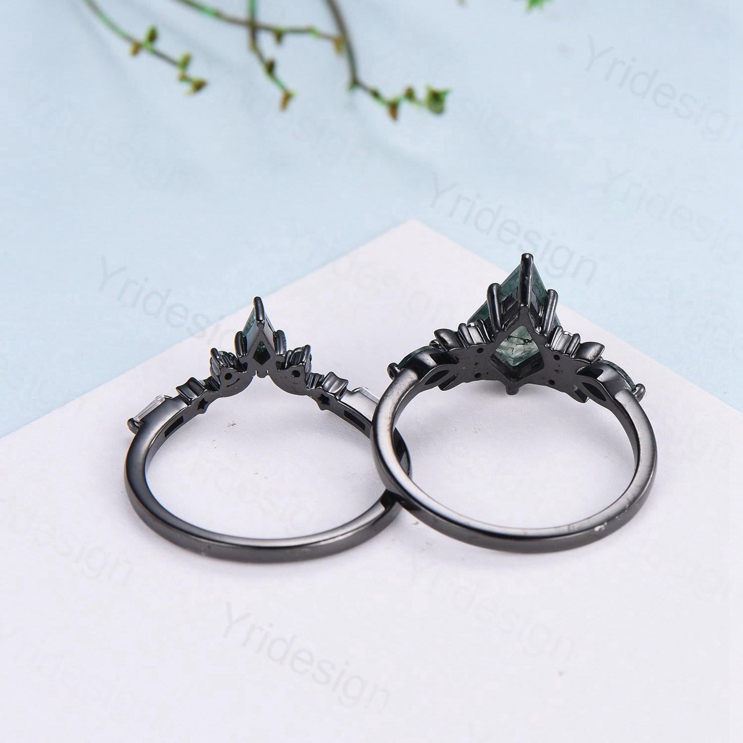 Unique Black gold kite cut garnet ring Unique crescent moon star January birthstone engagement ring black spinel delicate bridal wedding set