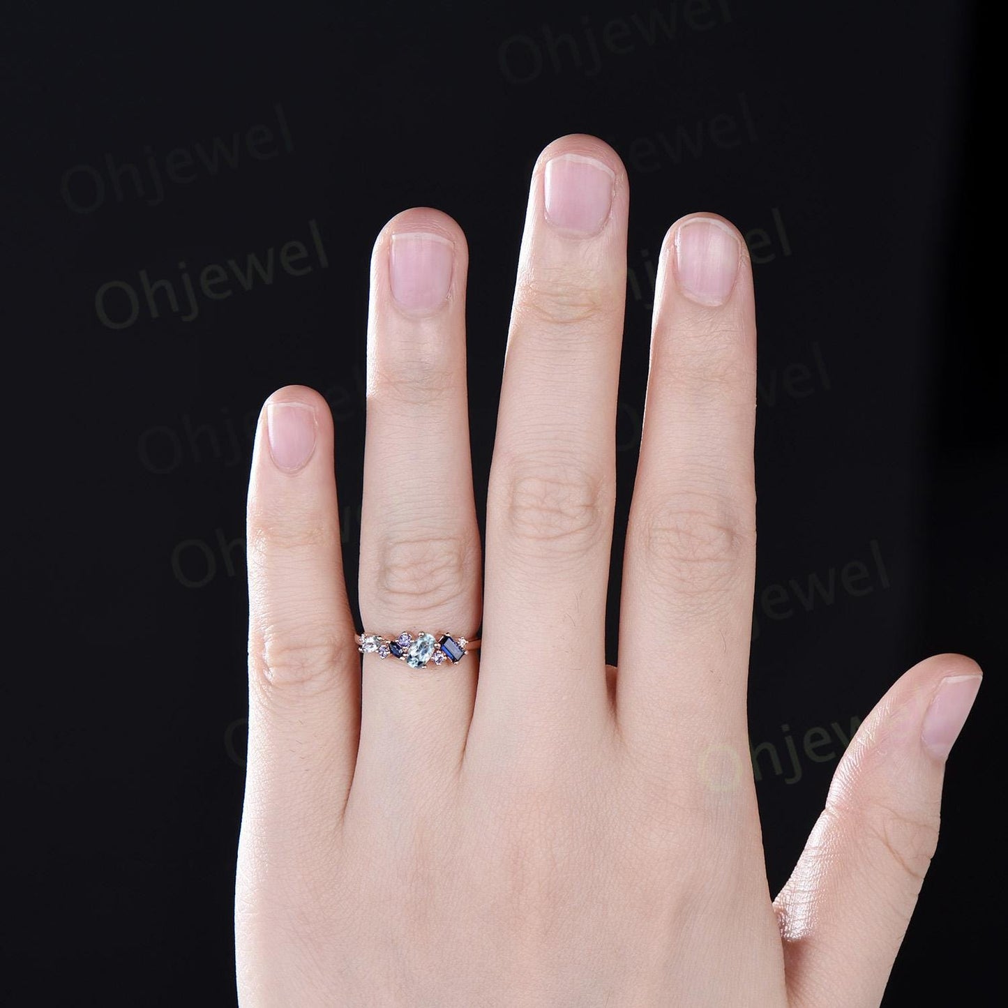 Vintage oval Aquamarine ring cluster Baguette sapphire ring dainty tanzanite ring women solid 14k rose gold anniversary wedding ring gift