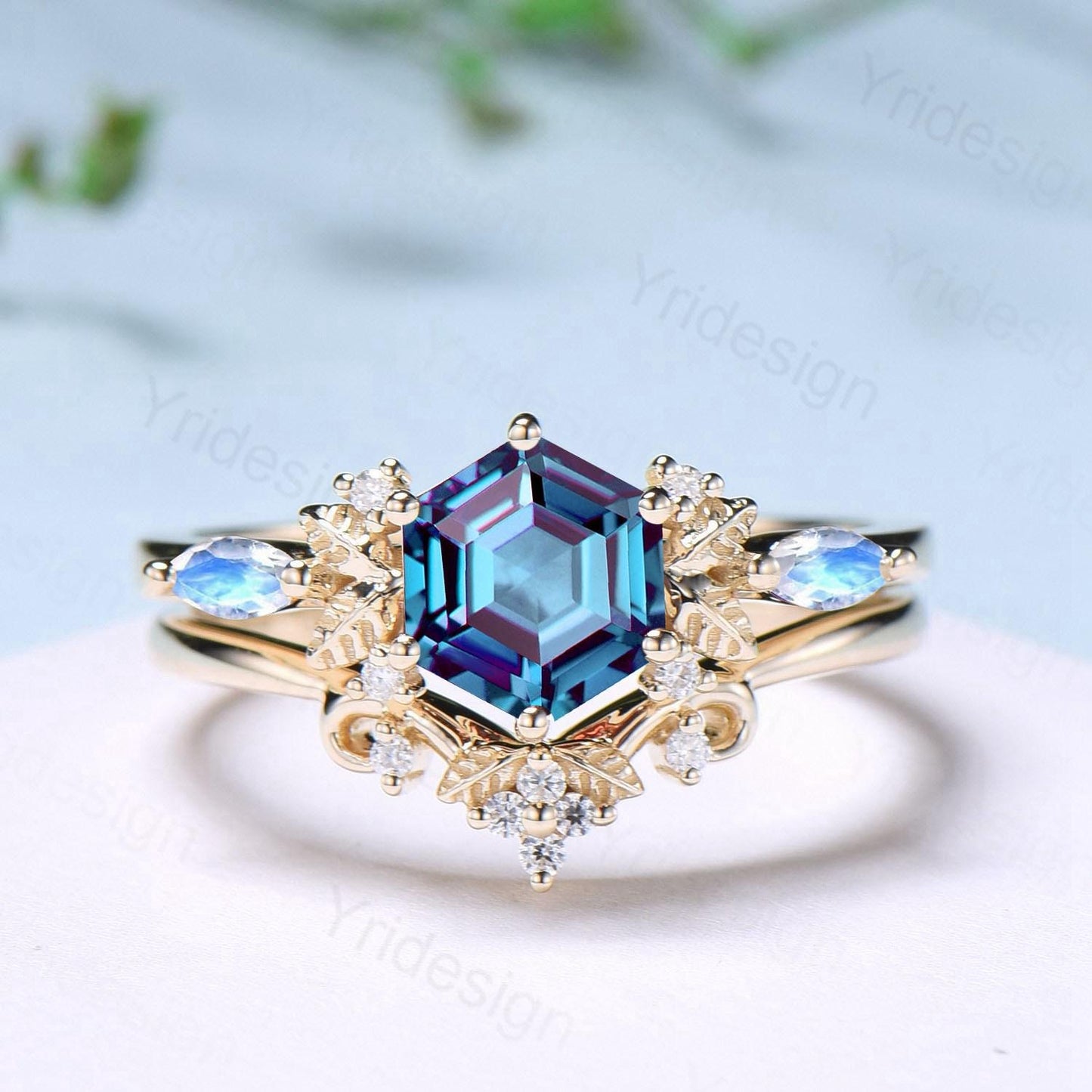 Nature inspired hexagon alexandrite engagement ring set 14k yellow gold unique leaf vine June birthstone wedding ring set Anniversary Gifts