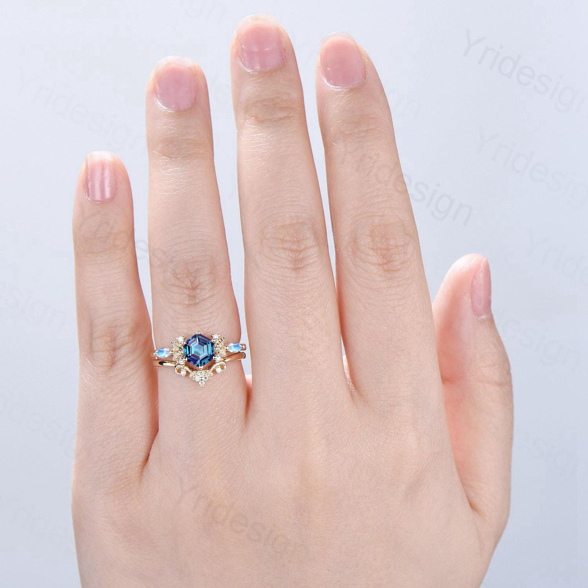 Nature inspired hexagon alexandrite engagement ring set 14k yellow gold unique leaf vine June birthstone wedding ring set Anniversary Gifts