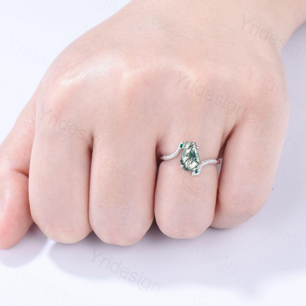 Unique Snake green moss agate engagement ring cold-blooded coffin shaped green stone three stone wedding ring women anniversary promise gift
